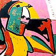 Linolschnitte von der Methode Picasso , figurative, bunte, kubistische, expressionistische, Cobra gedruckt. Themen Liebe, Musik, Menschen, Alltag, Humor, Spaß, Kinder