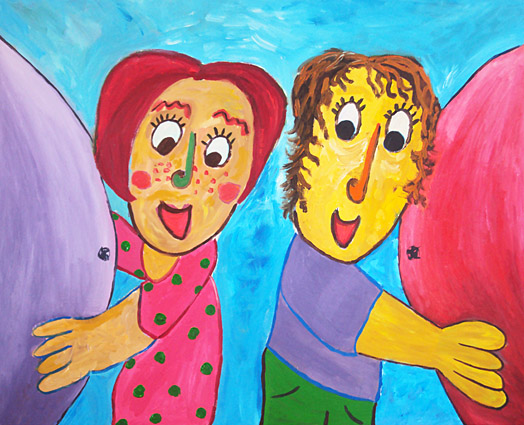 schilderij van 2 kinderen die de zwangere buik van hun moeders vast pakken