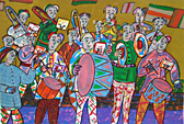 Silkscreen Big band by Twan de Vos, with lots of fun making music together, a big band in the streets, marching band, harmony