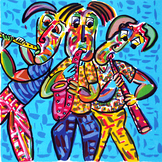 Silkscreen brass band of Twan de Vos, wind ensemble of three musicians