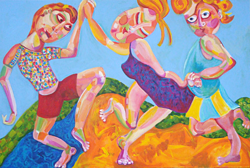 Schilderij De dansers van Annelies van Biesbergen, 2 vrouwen en een man zijn in de open lucht aan het dansen 
