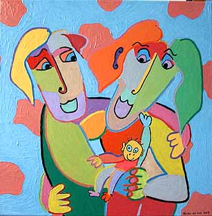 schilderij drie eenheidouders met baby