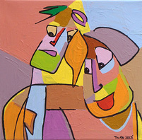 ansichtkaart kunst kunstkaart schilderij acryl goed gevoel wat twee mensen bij elkaar hebben