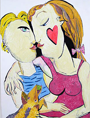 Tekening In love van Annelies van Biesbergen, man en vrouw die kussen