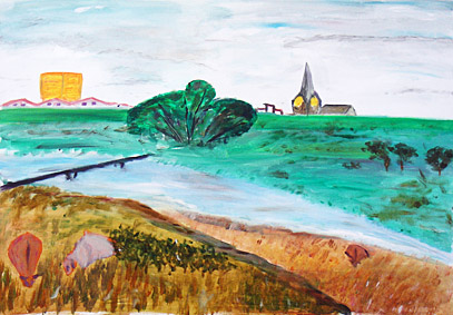schilderij met landschap van de uiterwaarden en de Rijn gemaakt tijdens schilderlessen op het atelier van Twan de Vos