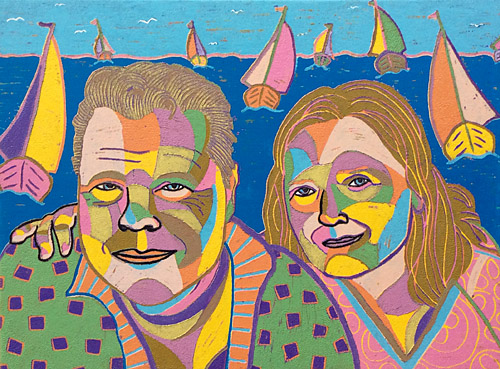 Doppelporträt in Linolschnitt, Geschenk für ihren Ehemann vor seinem 50. Geburtstag