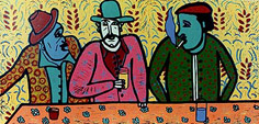 Linolschnitt Kneipefreunden von der niederländischen Künstler Twan de Vos, Freunde, trinken zusammen ein Bier in der Kneipe