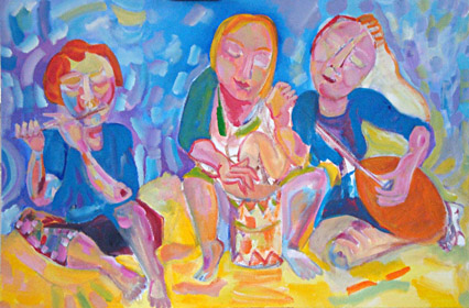 Schilderij van muziek spelende mensen waar Annelies van Biesbergen mee bezig is.