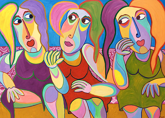 Painting Amigas by Twan de Vos, woman tells story to her friends