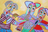 Schilderij Muziekvrienden van Twan de Vos, 3 muzikanten, allemaal fluitisten, blazers geven een prachtig concert