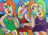 Schilderij "Alles wordt besproken" van Twan de Vos, vrouwen nemen op de bank de belangrijke zaken 