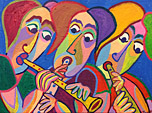 Painting Musica by Twan de Vos, three musicians make music together