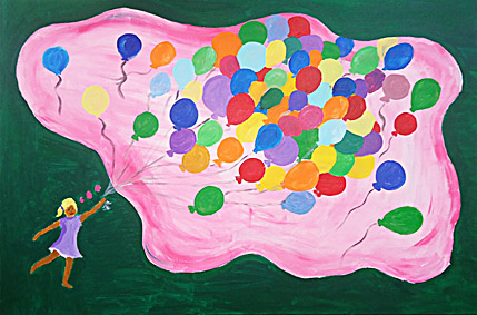 Schilderij Kinderdromen geschilderd door collega's tijdens een workshop schilderen op mijn atelier in Wageningen tijdens een bedrijfsuitje