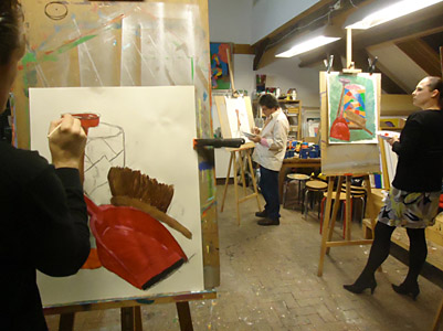 schilderen tijdens de schildercursus op woensdagavond op het atelier van Twan de Vos in Wageningen