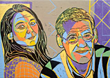 Double portrait in linocut director Vrebos and his partner from Brussels, Belgium