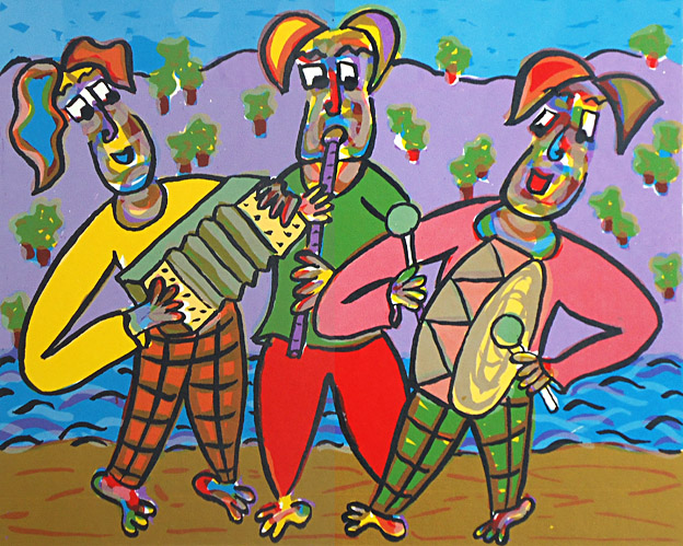 Siebdruck Beach Boys von Twan de Vos, 3 Musiker spielen schöne Musik, Akkordeon, Flöte und große Trommel am Strand