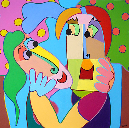 Painting acryl on canvas Apple kiss by Twan de Vos, Adam and Eve kiss in paradise under the apple tree