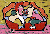 Linocut Bathtkiss of Twan de Vos, husband and wife together in bath