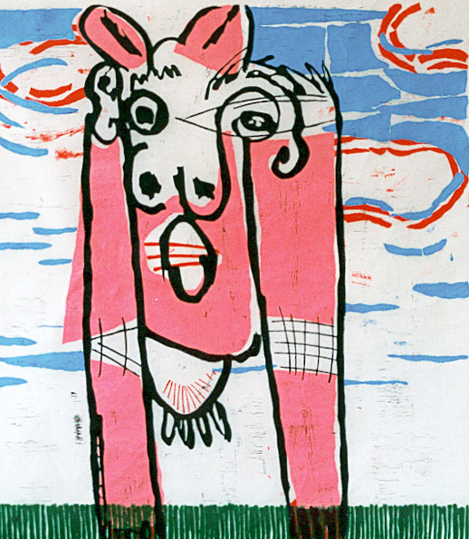 Linolschnitt Bertha 23 von Twan de Vos, rosa Kuh auf der Wiese