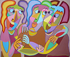 Schilderij Boezemvrienden van Twan de Vos, acryl op linnen kunst schilderij drie vrienden zijn samen en bevestigen hun vriendschap mannen