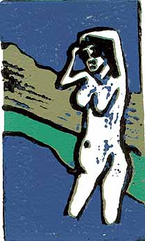 Linocut Outdoor bath of Twan de Vos, washing in nature