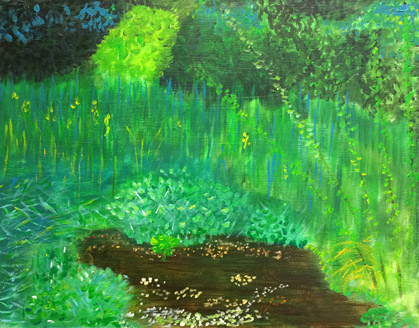 Schilderij tuin met vijver geschilderd op de cursus