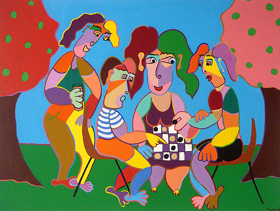Gemälde Freilufttheater von Twan de Vos, eine Familie die an einem schönen Sommertag im Park Dame spielt