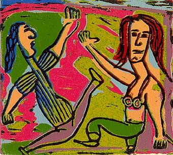 Linocut "On the dance floor" by Twan de Vos, get on in the weekend