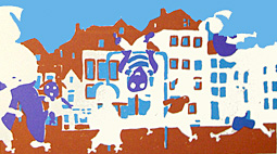 zeefdruk in opdracht op maat voor de stichting openbaar onderwijs Deventer met als thema kinderen, onderwijs, basisschool op de kade in Deventer