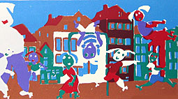 zeefdruk in opdracht op maat voor de stichting openbaar onderwijs Deventer met als thema kinderen, onderwijs, basisschool op de kade in Deventer