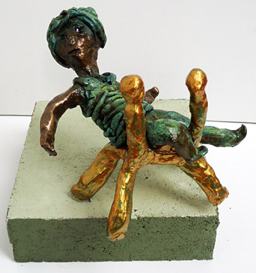 Bronze, bronze sculpture of eem man looking to the border of sitting and falling, looking for the balance