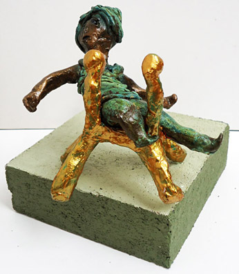 Bronze, bronze sculpture of eem man looking to the border of sitting and falling, looking for the balance