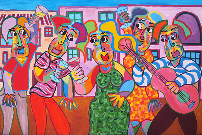 Painting Fiesta by Twan de Vos, acrylic on canvas, celebration in the town square, music and dance, the flamenco art