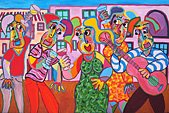 Painting Fiesta by Twan de Vos, acrylic on canvas, celebration in the town square, music and dance, the flamenco art