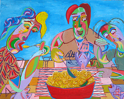 painting Fish and chips by Twan de Vos, family eating dinner