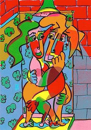 Silkscreen print Flower curtain of Twan de Vos, man and woman in bath, in the shower, enjoy