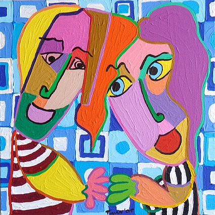 schilderij contact oogcontact kunst blauw liefde Schilderij Oogcontact, twee verliefde mensen verliezen elkaar in de ogen 