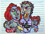 zeefdruk kunst liefde relatiegeschenk portret van een gelukkige familie, vader, moeder, zoon en dochter
