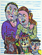 zeefdruk kunst relatiegeschenk, portret van een gelukkige familie, ouders, twee kinderen en een hond