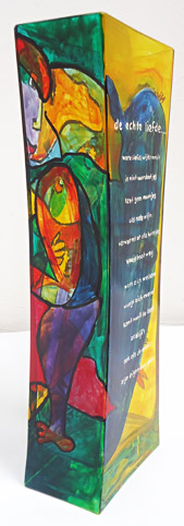 Glazen vaas beschilderd met glasverfin opdracht uitgevoerd, voor huwelijk, verjaardag, kado relatiegeschenk, kunstkado