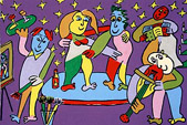 Zeefdruk Creeren is een feest kunstkado aan de medewerkers dansen, muziek cretief schilderen en beeldhouwen, een kerstkado dans, theater. muziek en beeldende kunst feest