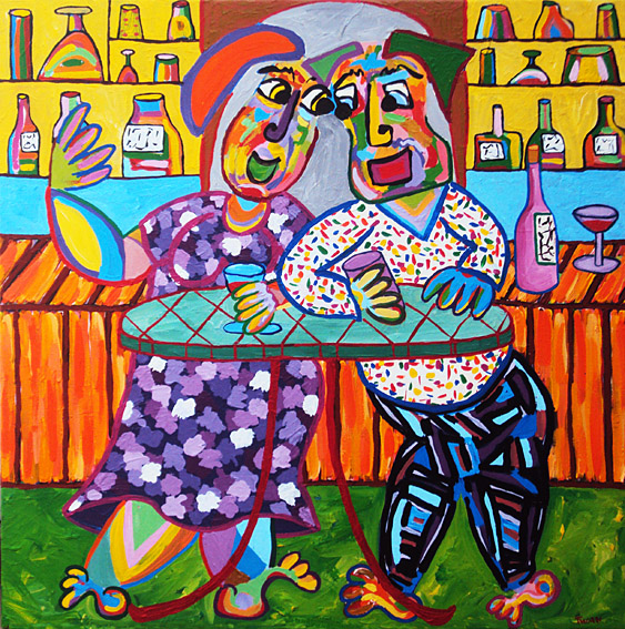 Schilderij Kroeggesprek van Twan de Vos, gezellig onderonsje met een drankje erbij in het cafe