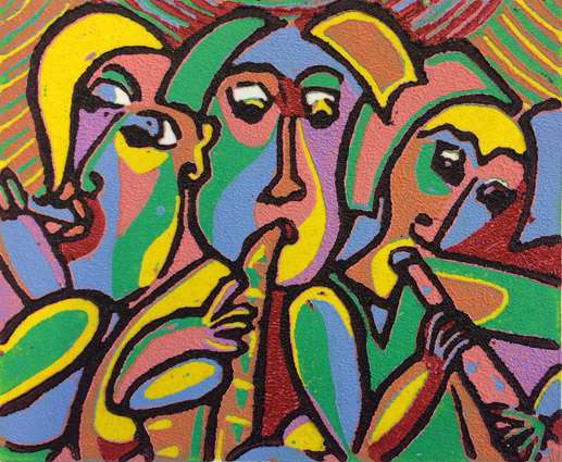 Linocut Músicos trios of Twan de Vos, 3 musicians together form a wind ensemble