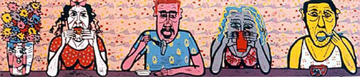 4 lunching people linocut