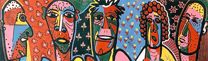 Linocut The wallflowers of Twan de Vos, not everyone always participates