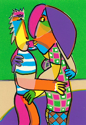 Siebdruck Inbrünstige Umarmung der Twan de Vos, Mann und Frau geben einander einen dicken Kuss