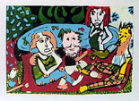 Twan de Vos buiten eten zeefdruk relatiegeschenk kunst picknick in de vrije natuur twee mannen en twee vrouwen naar le dejeunner sur l'herbe