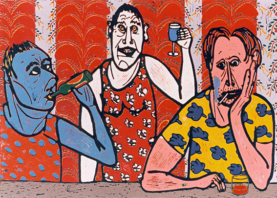 Linocut Cheers of Twan de Vos, customers from the viewpoint of the bartender