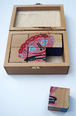 Twan de Vos puzzle box with screen printing blocks with 6 images also 3 of Margreet van Terwisga