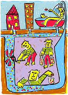 Rioolwerkers zeefdruk kunst riool kunstkado relatiegeschenk Zeefdruk Het rioolzuiveringsteam voor stichting Rioned mannen die het vuil uit het riool halen en er weer drinkwater van maken